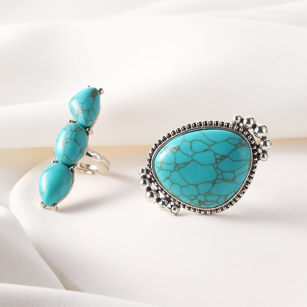 Wholesale Vintage Bohemian Large Turquoise 2-Piece Ring Set